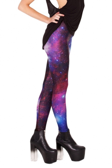 Purple Starry Sky Print Full Length Elastic Leggings