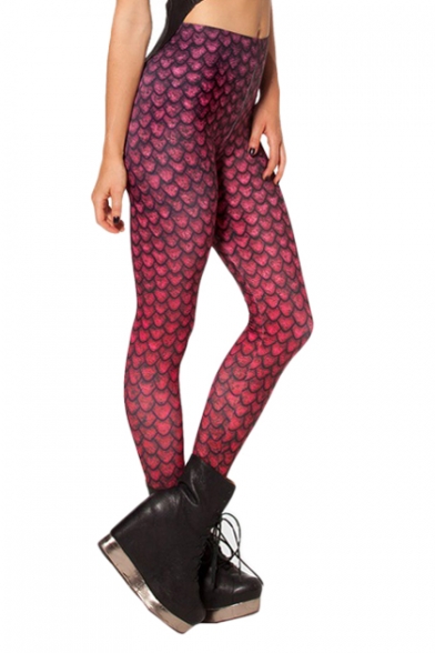 Rose Red Color Fish Scale Print Sexy Leggings