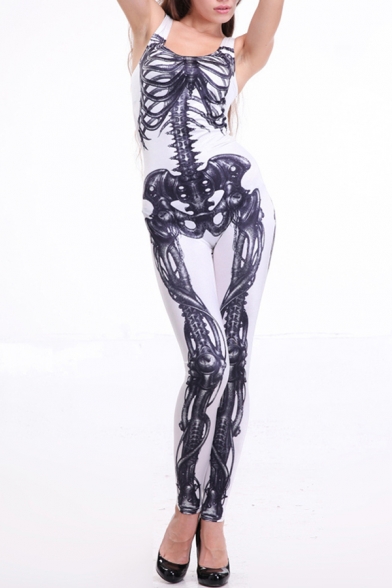 Sleeveless Scoop Neck White Jumpsuits with Black Skull Bones Pattern