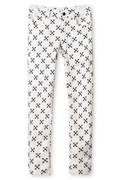 Allover Cross Print Zip Fly Pants with Pockets - Beautifulhalo.com