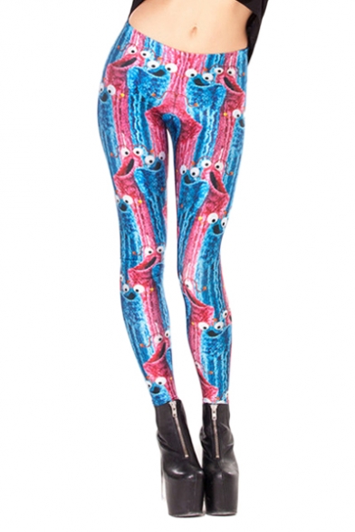 Blue and Red Fluffy Characters Print Elastic Leggings