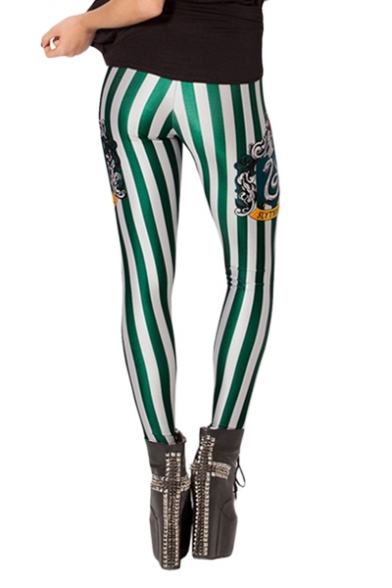 Green and White Vertical Stripe Elastic Leggings