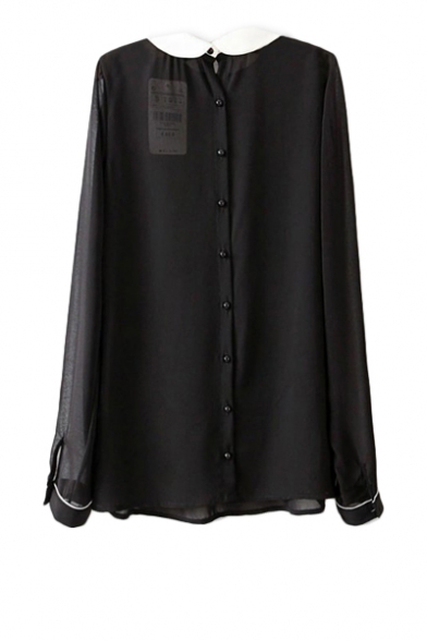 Black Button Back Blouse with Contrast White Collar - Beautifulhalo.com