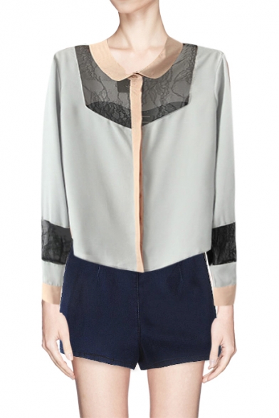 Lace-insert Peter Pan Collar Shirt with Concealed Button Placket