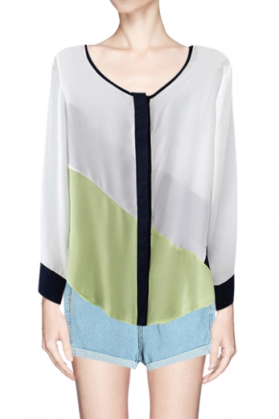 Color Block Collarless Shirt with Concealed Button Placket
