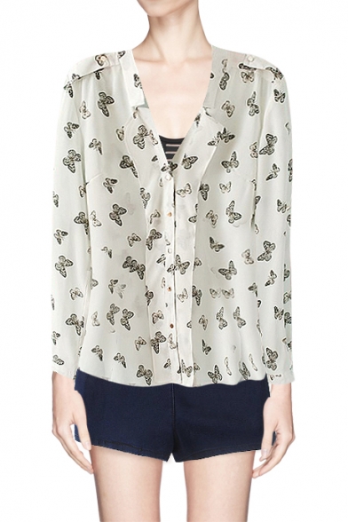 White Butterfly Print V-neck Button Up Shirt with Shoulder Detail