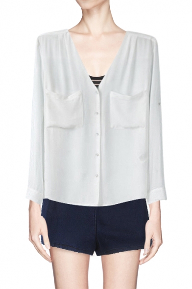 Collarless V-neck Button Up High-low Shirt with Pockets