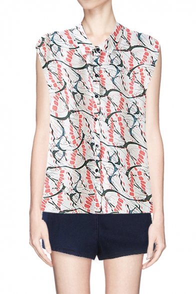 Printed Button Front Sleeveless Blouse with Collar