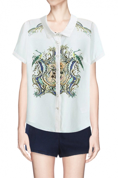 Printed Point Collar Button Front Short Sleeve Shirt