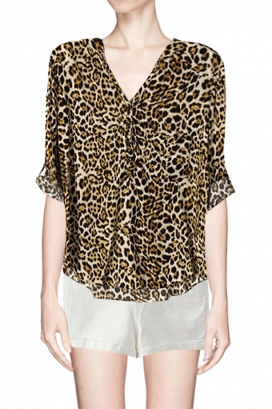 Cool Leopard Print Long Sleeves Mandarin Collar Blouse