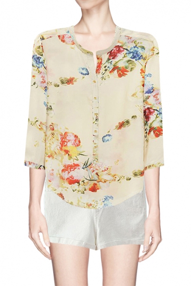 Apricot 3/4 Length Sleeves Mandarin Collar Curved Hem Blouse in Floral Print