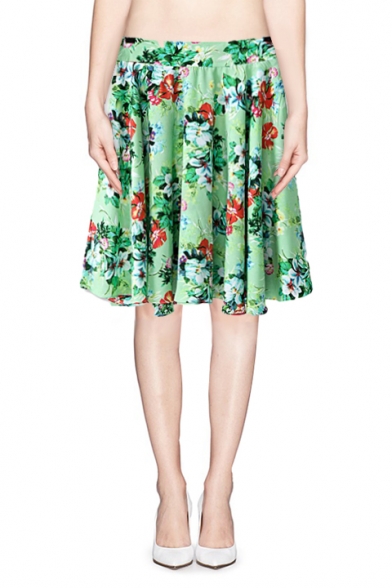 Green Knee Length Skater Dress in Floral Print