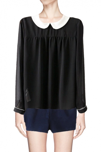 Black Button Back Blouse with Contrast White Collar