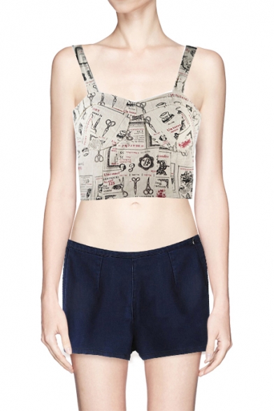 Newspaper Style Print Strap Bralet with Side Zipper