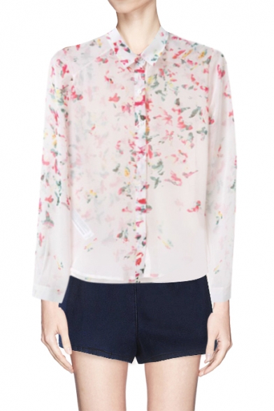 Blurred Butterfly Print Point Collar Button Front Shirt