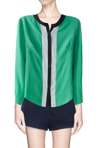 Green Collarless Long Sleeve Shirt with Contrast Placket