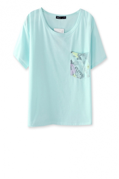 Plain Round Neck Short Sleeves Cotton T-shirt with Floral Pocket