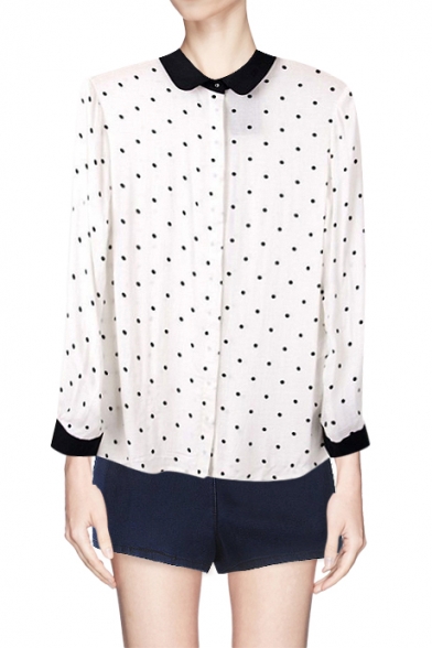 Polka Dot Button Up Shirt with Black Collar and Cuffs