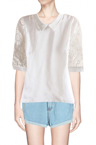 Lace Short Sleeve Keyhole Back Blouse with Collar