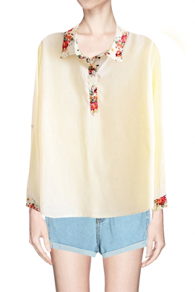Modest Floral Collar Long Sleeves Wtih Buttons