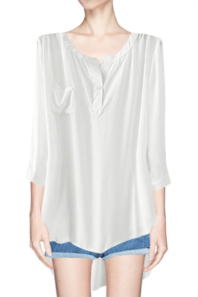 Casual Plain Round Neck Long Shirts with One Pockets