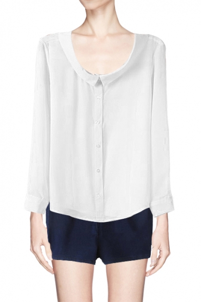 White Button Front Scoop Neck Shirt with Collar