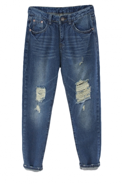 Lady-like Loose Distressed Jeans with Pockets and Zipper