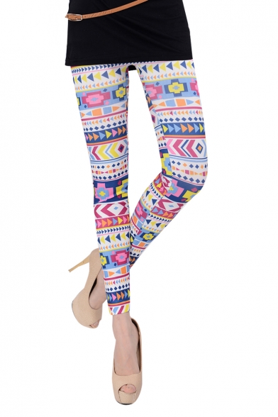 Ladylike Elastic Waist Colorful Mixed Print Ankle Leggings