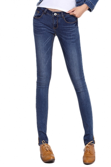 Split Side Zip Fly Skinny Jeans with Whiskering