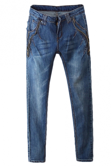 Zip Embellished Zip Fly Skinny Jeans with Whiskering