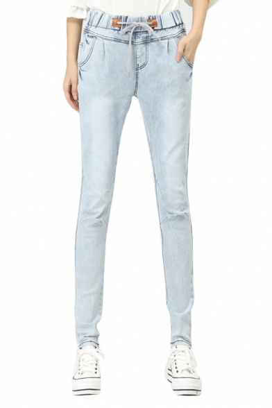 Mid Rise Drawstring Waist Seam Detail Skinny Jeans