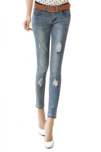 Ripped Detail Zip Fly Skinny Jeans with Whiskering