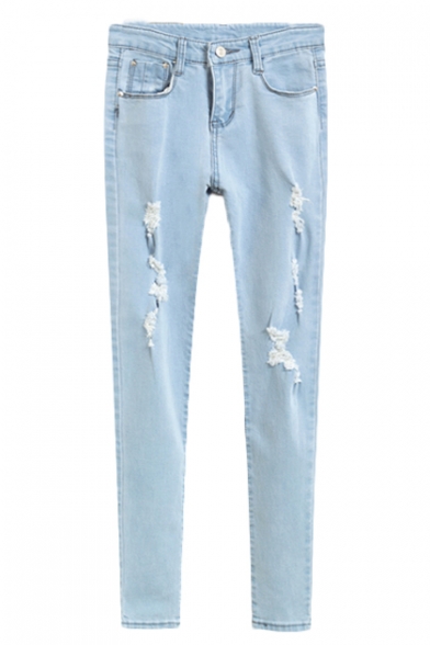 Ripped Zip Front Pencil Jeans in Light Wash