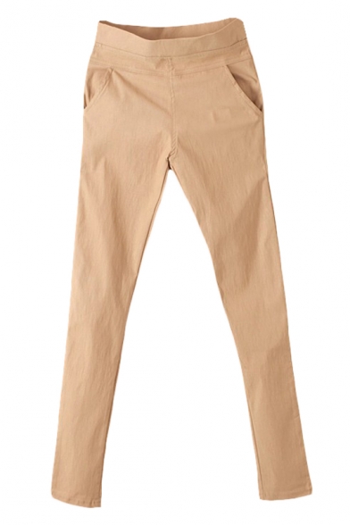 Solid Elastic Waist Skinny Pants with Pockets