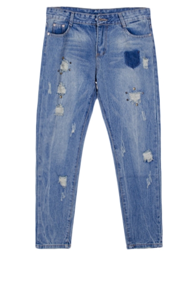 Studded Detail Straight Leg Zip Fly Distressed Jeans