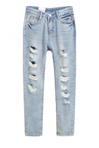 Light Wash Zip Front Distressed Straight Leg Loose Jeans