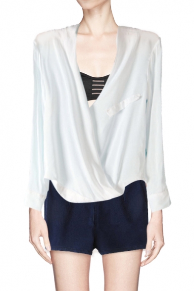 Solid Wrap Front Dip Back Blouse with Faux Pocket