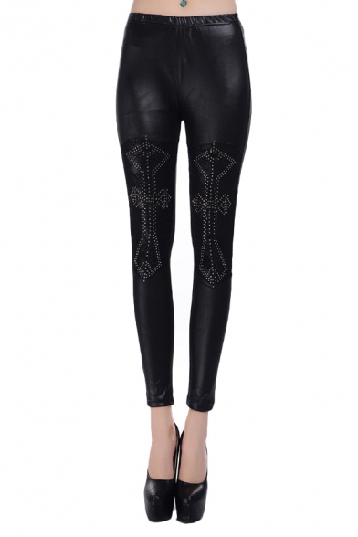 Black Leather Elastic Waist Leggings with Lace-panel and Bead