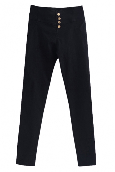 High Waist Skinny Pants with Four Buttons