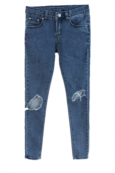 Dark Wash Zipper Fly Pencil Jeans with Open Knee
