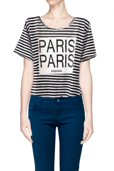 Stripe Print Short Sleeve Top with Letter PARIS