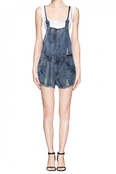 Denim Halter Neck Convertible Romper with Ripped Detail