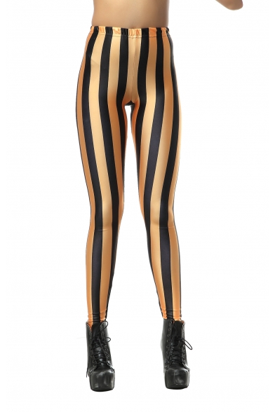 Black and Gold Vertical Stripe Print Sexy Leggings