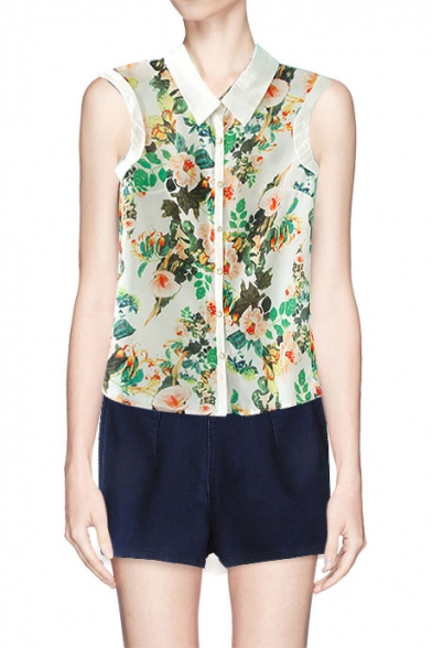 Floral Print Sleeveless Button Front Chiffon Shirt