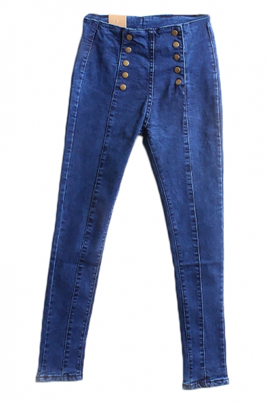 Seam Detail Paneled Double-Breasted Front Stretchy Jeans