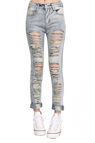 Straight Leg Zip Fly Ladder Distressed Jeans