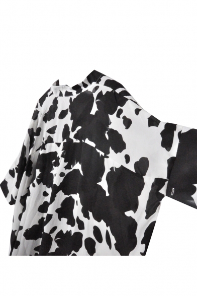 Short Sleeve Collared Milk cow Print Button Fly Dip Back Shirt