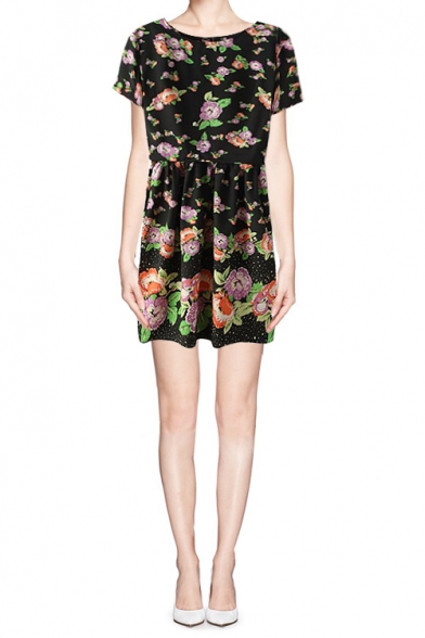 Floral Print Crewneck Mini Dress Suit with Snap-waist