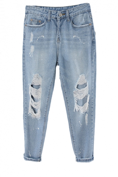 Light Wash Distressed Harem Jeans with with Side Pockets