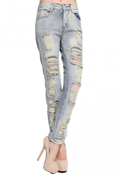 Distressed Straight Leg Zip Fly Light Wash Jeans